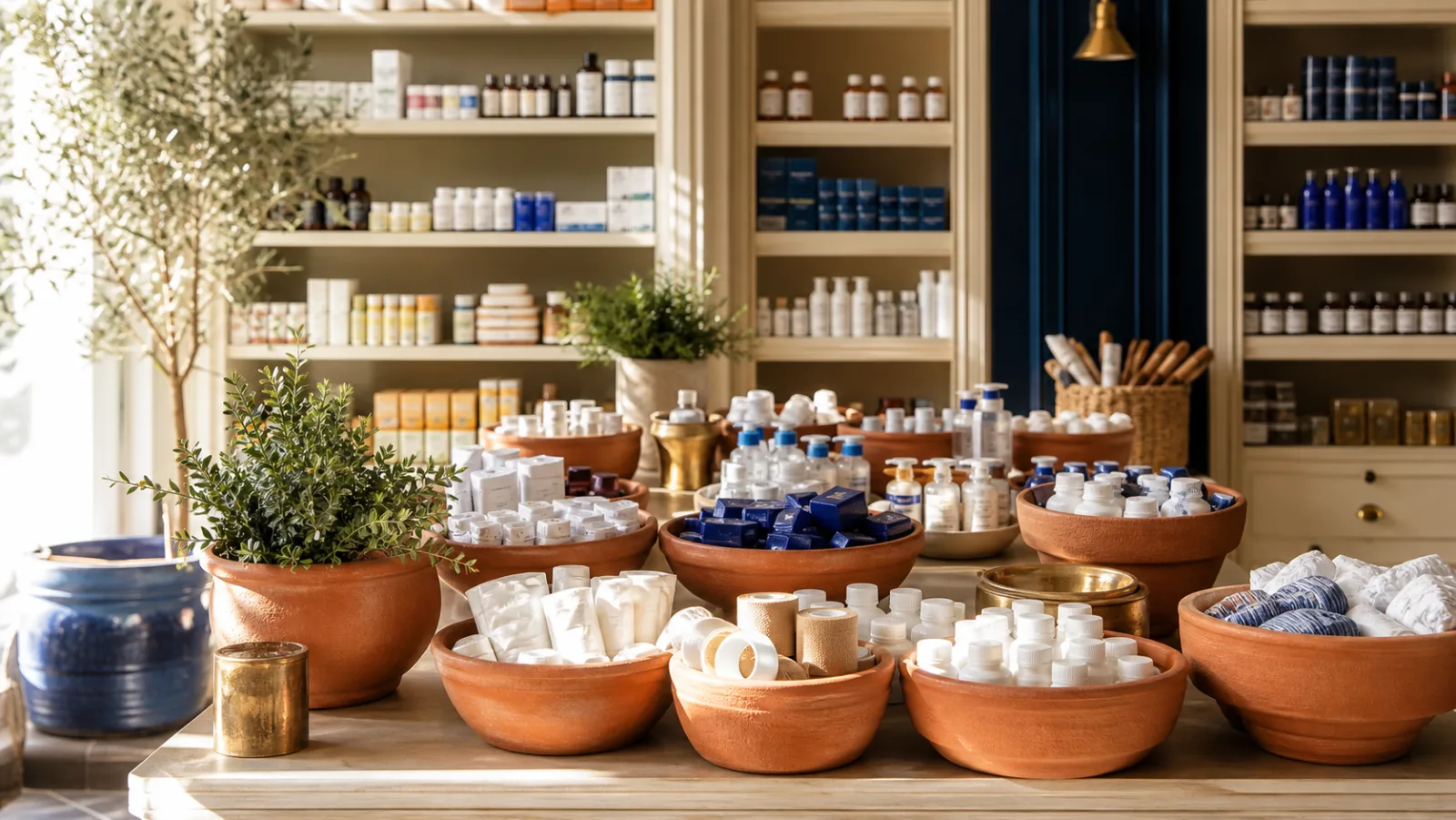 Well-stocked pharmacy shelves