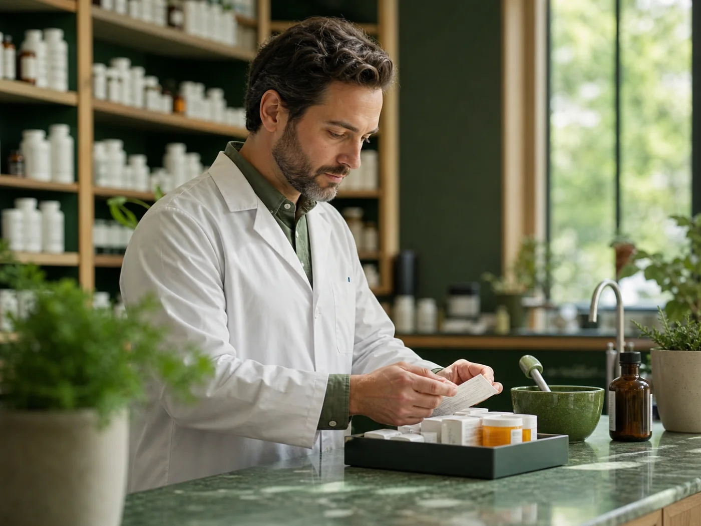 A pharmacist carefully preparing medication