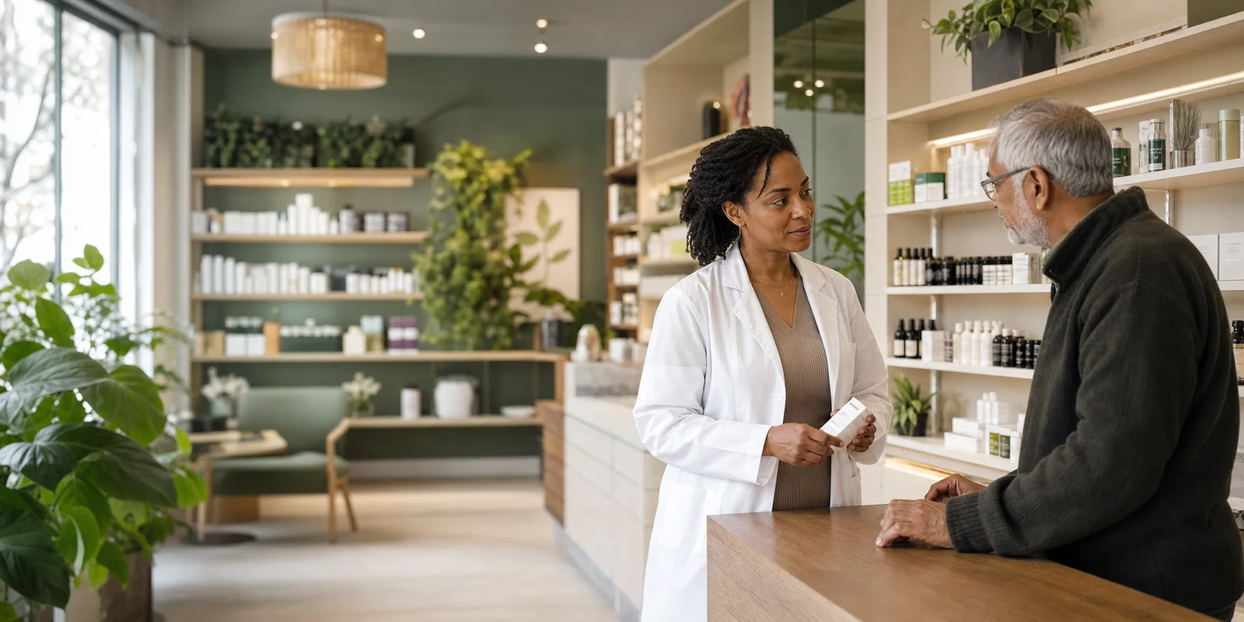 Well-stocked pharmacy shelves